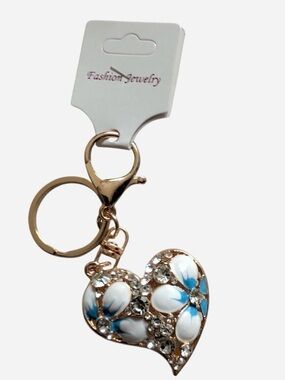 Gold Heart Floral Keychain with Blue & White Enamel